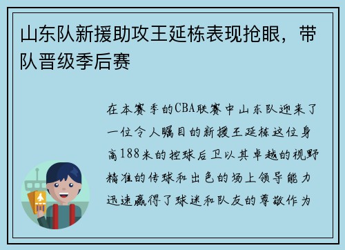 山东队新援助攻王延栋表现抢眼，带队晋级季后赛